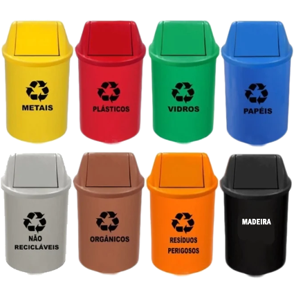 lixeiras coloridas indicando onde deve ser feito o descarte de resíduos de oficina mecânica 